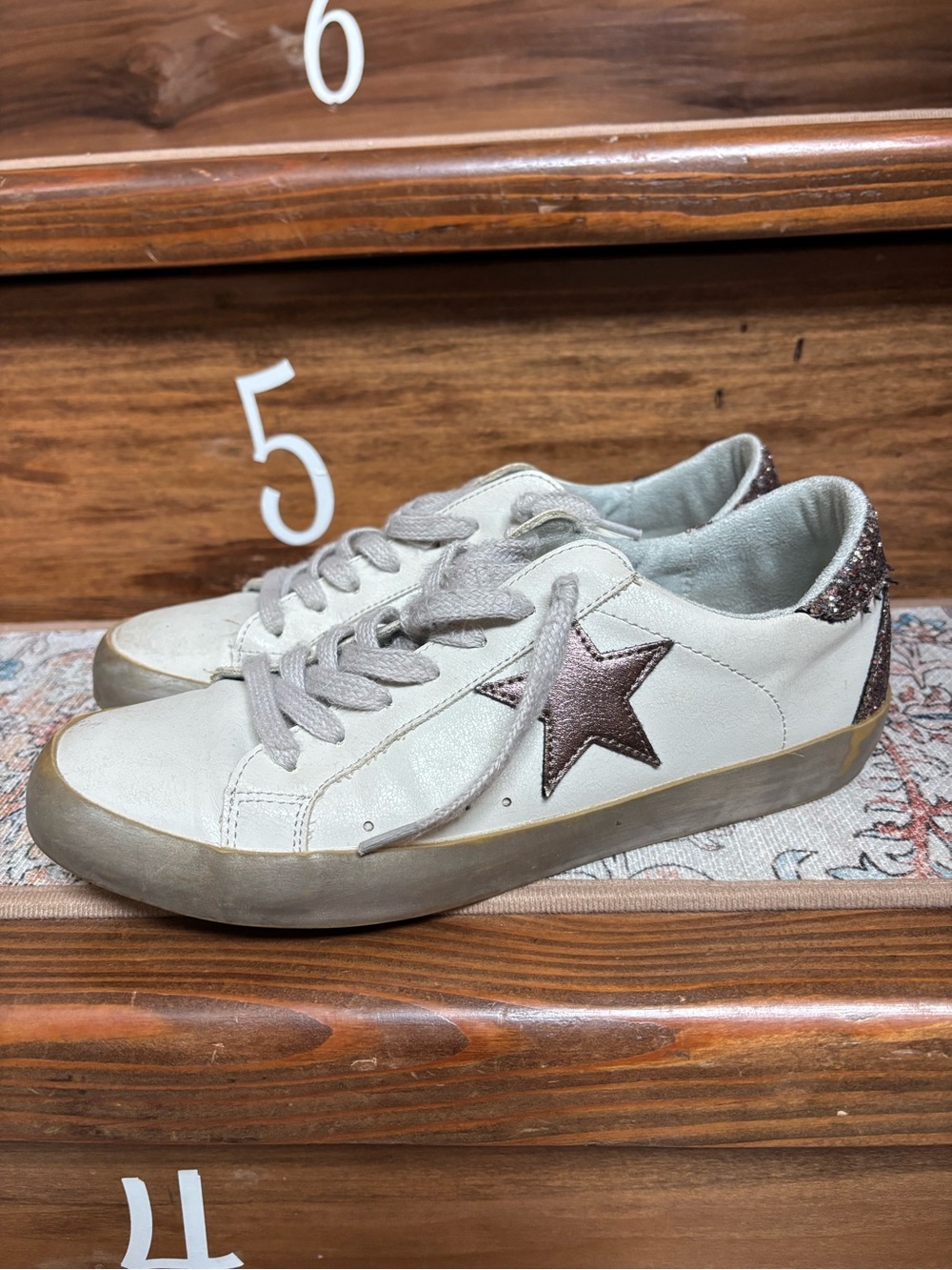 ShuShop White Sneakers with Metallic Bronze Star and Glitter Heel